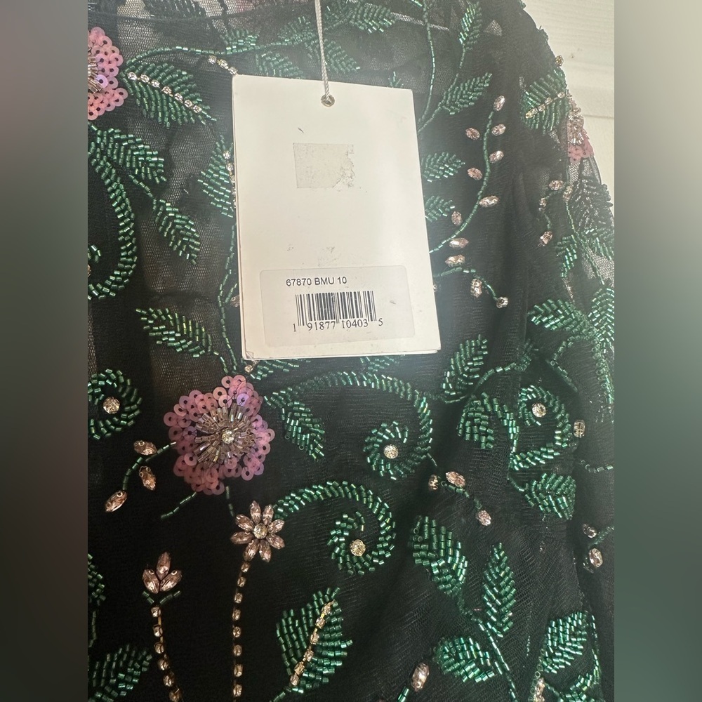 Mac Duggal Black Dress with Green Floral Sleeves - Picture 5 of 9